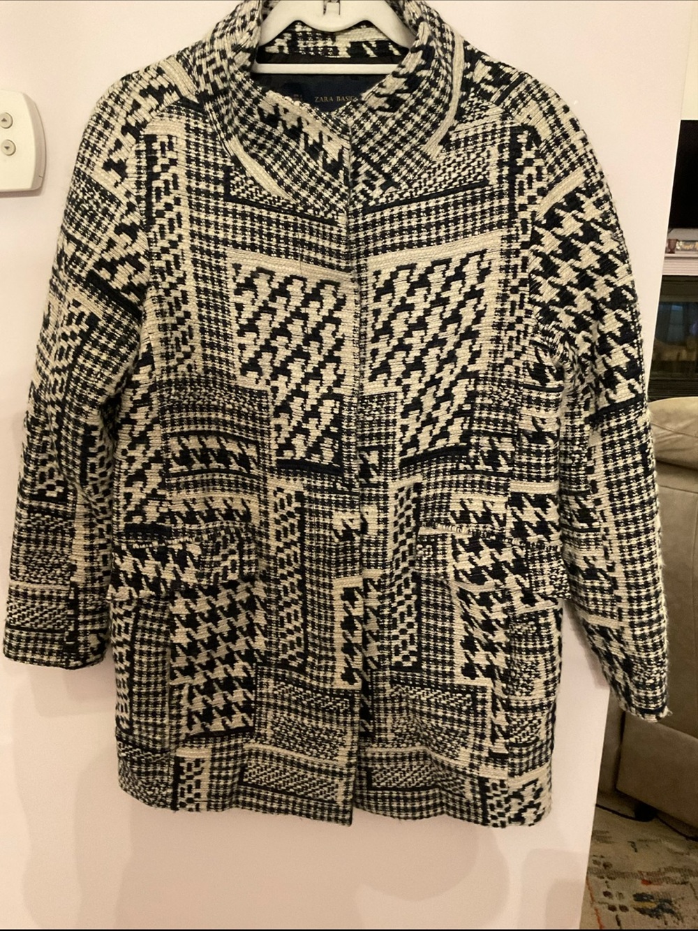 Zara Navy, Black & Cream Houndstooth Patchwork Coat SMALL